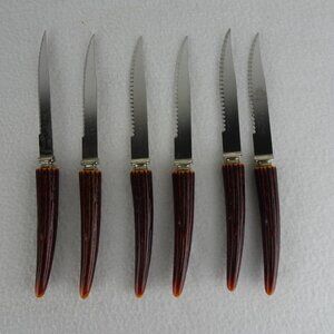 6 REGENT SHEFFIELD Steak Knives Stainless Blade Faux Antler Handle Original Box